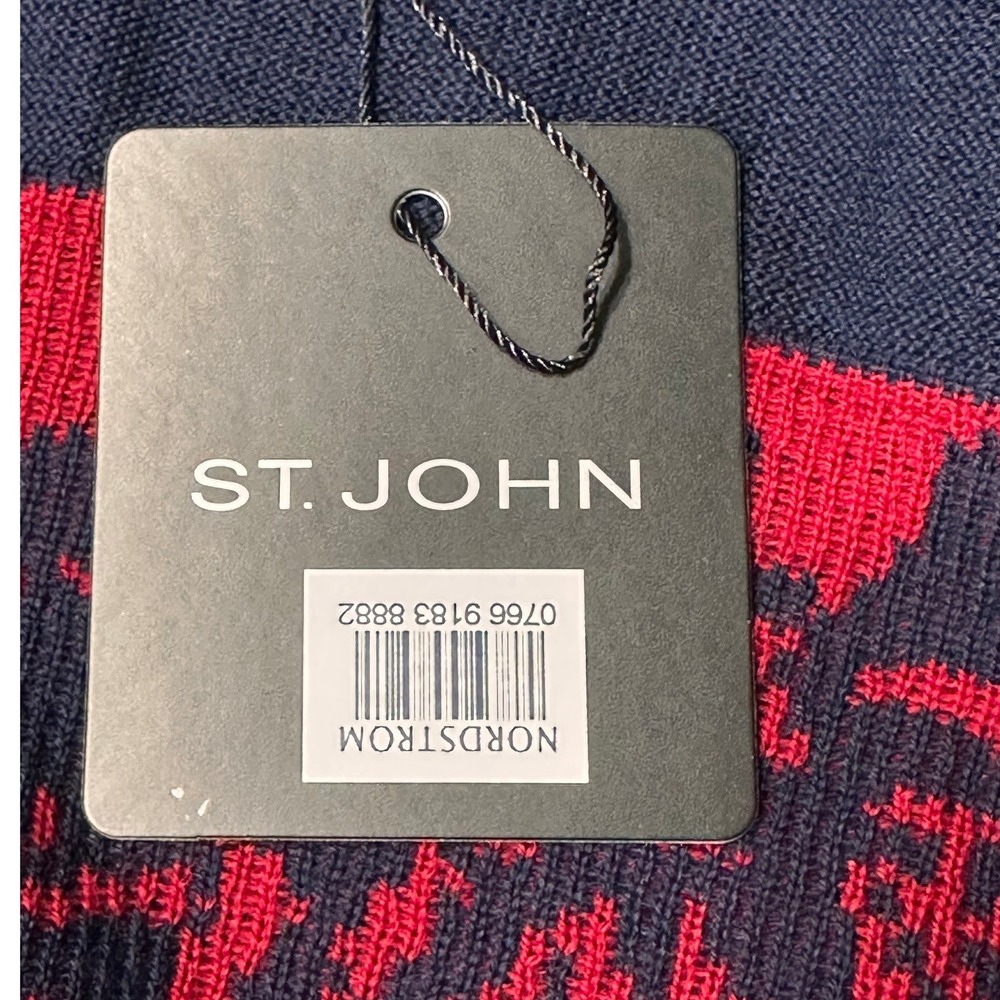 St. John NWT SZXL‎ Zip Front Cardigan Navy Blue Floral Intarsia Mock Neck Wool - Picture 8 of 15